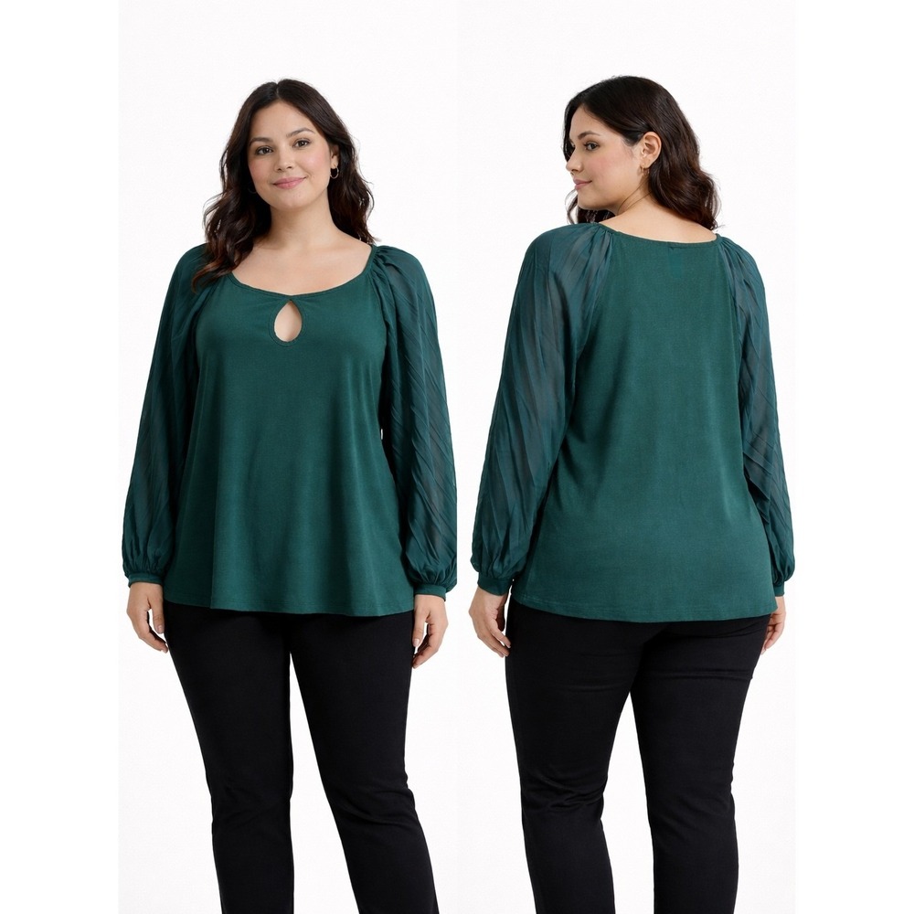 A Love Story Green Keyhole Neck Blouse Sheer Pleated Bishop Sleeve XL